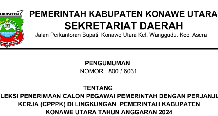 Pemda Konut Umumkan Seleksi Penerimaan Calon PPPK, Buka Link Untuk Download File!!!